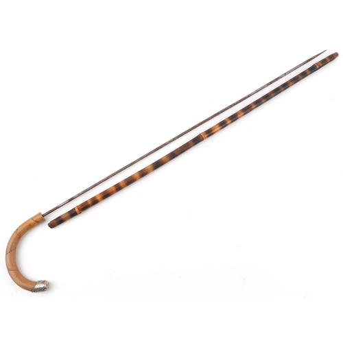 615A - Bamboo walking swordstick with steel blade and silver mount impressed Brigg, 84.5cm in length