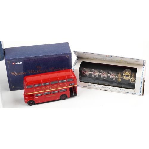 1640 - Matchbox and Corgi commemorative diecast models with boxes comprising The Queen Mother's State Landa... 