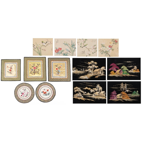 Chinese textiles and pictures including four paintings on silk of birds ...