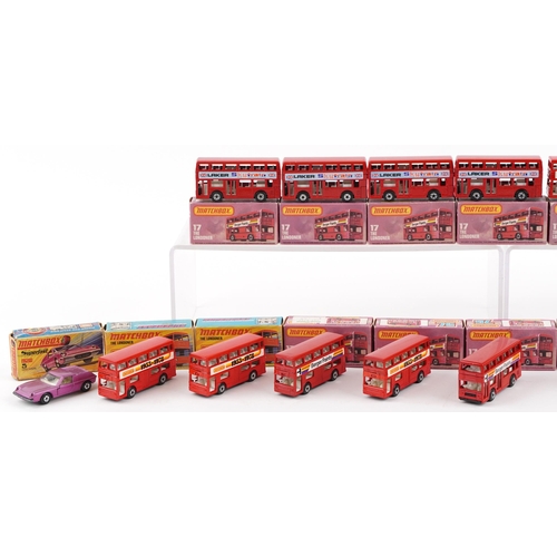 1622 - Seventeen vintage Matchbox diecast vehicles with boxes including sixteen Buses, numbers 17, 74 and 5