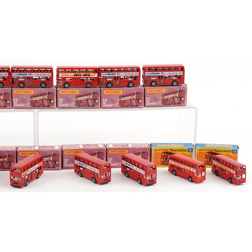 1622 - Seventeen vintage Matchbox diecast vehicles with boxes including sixteen Buses, numbers 17, 74 and 5