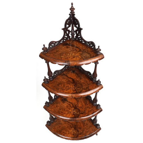 1020 - Victorian inlaid burr walnut four tier corner whatnot on casters, 150cm high