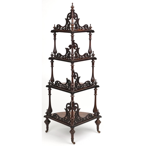 1020 - Victorian inlaid burr walnut four tier corner whatnot on casters, 150cm high