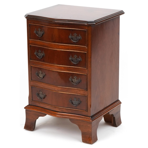 1209A - Mahogany serpentine front four drawer chest with brass handles on bracket feet, 62cm H x 41cm W x 36... 