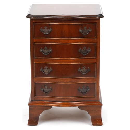 1209A - Mahogany serpentine front four drawer chest with brass handles on bracket feet, 62cm H x 41cm W x 36... 