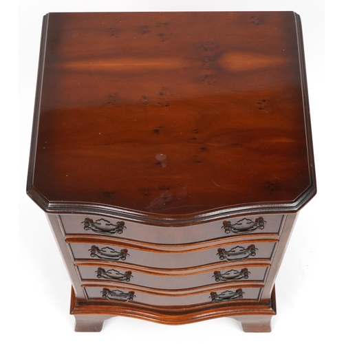 1209A - Mahogany serpentine front four drawer chest with brass handles on bracket feet, 62cm H x 41cm W x 36... 