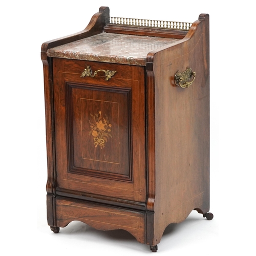 1079A - Victorian inlaid rosewood coal scuttle with marble top and brass mounts, 64cm H x 36cm W x 33.5cm D