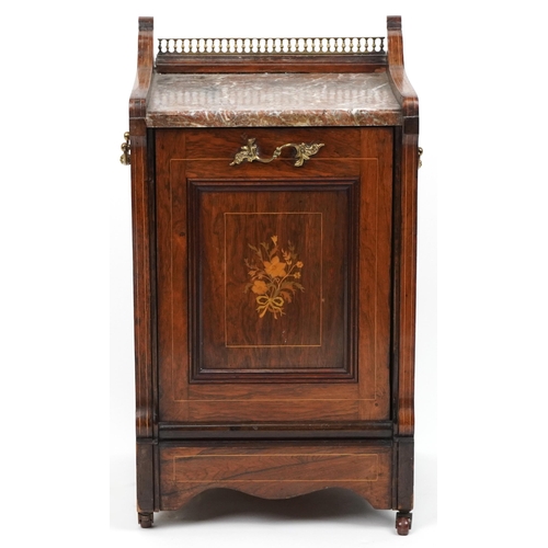 1079A - Victorian inlaid rosewood coal scuttle with marble top and brass mounts, 64cm H x 36cm W x 33.5cm D