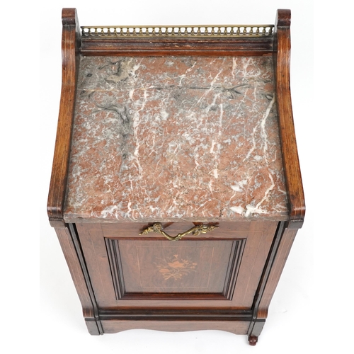 1079A - Victorian inlaid rosewood coal scuttle with marble top and brass mounts, 64cm H x 36cm W x 33.5cm D