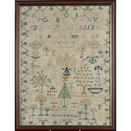 85A - Antique needlework sampler worked by Agnes Mary age 12, framed and glazed, 40cm x 30cm excluding the... 