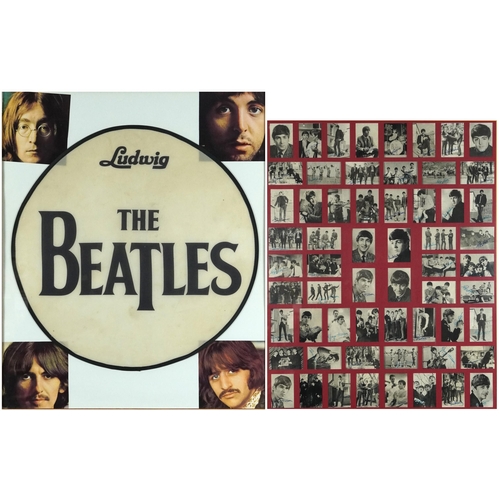 Collection of vintage The Beatles trade cards and a Ludwig Beatles bass drum cover, each framed and glazed, the largest overall 80cm x 69cm