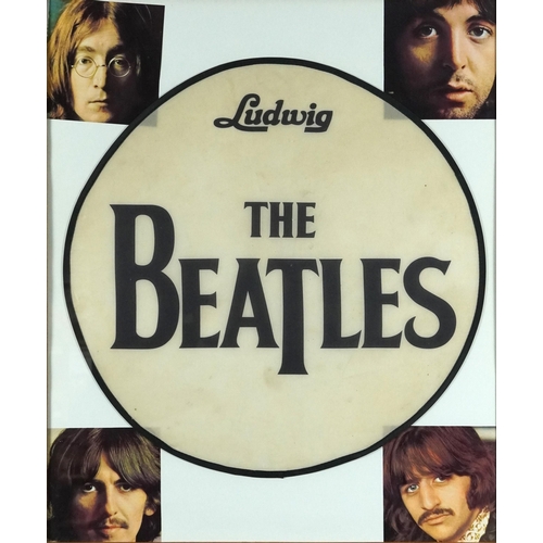810 - Collection of vintage The Beatles trade cards and a Ludwig Beatles bass drum cover, each framed and ... 