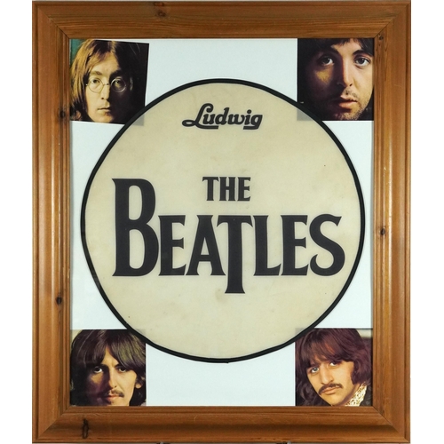 810 - Collection of vintage The Beatles trade cards and a Ludwig Beatles bass drum cover, each framed and ... 