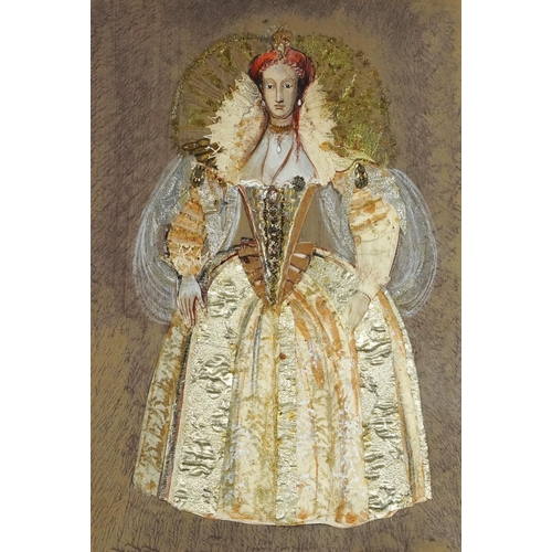 309 - Alex Stone - Full length portrait of Elizabeth I in costume, ink, watercolour and mixed media, Wrigh... 