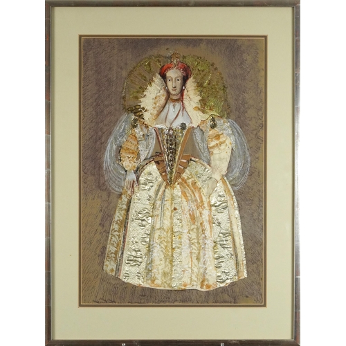 309 - Alex Stone - Full length portrait of Elizabeth I in costume, ink, watercolour and mixed media, Wrigh... 