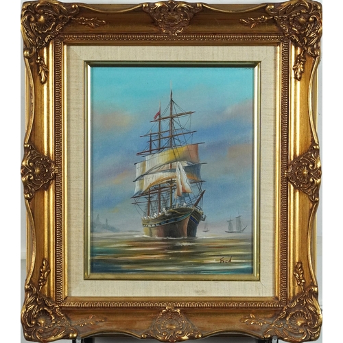 799 - Fred - Rigged ship, naval interest oil on canvas, mounted and framed, 24cm x 19cm excluding the moun... 