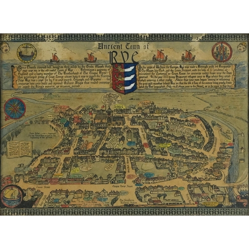 1794A - 20th century hand coloured map of The Ancient Town of Rye after Percy F White, dated 1933, framed an... 