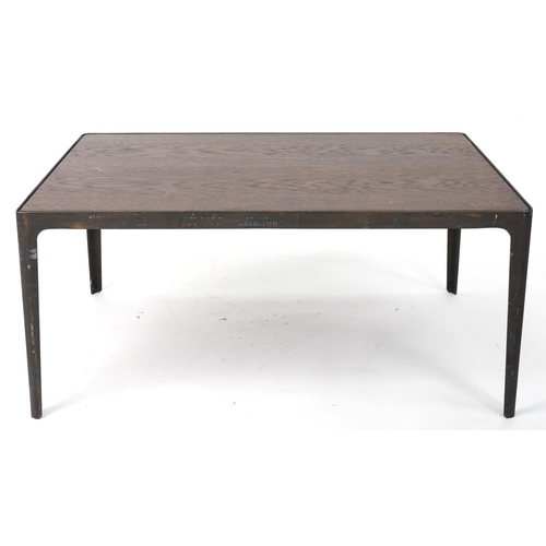 1148 - Industrial painted metal and hardwood rectangular coffee table, 45cm H x 100cm W x 70cm D