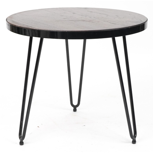 1077 - Industrial wrought iron circular side table with hardwood top and hairpin legs, 53cm high x 61cm in ... 