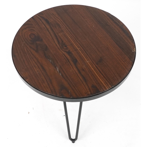 1077 - Industrial wrought iron circular side table with hardwood top and hairpin legs, 53cm high x 61cm in ... 