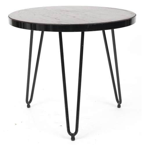 1077 - Industrial wrought iron circular side table with hardwood top and hairpin legs, 53cm high x 61cm in ... 