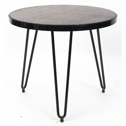 Industrial wrought iron circular side table with hardwood top and hairpin legs, 53cm high x 61cm in diameter