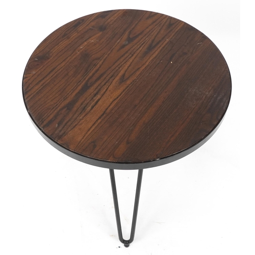 1197A - Industrial wrought iron circular side table with hardwood top and hairpin legs, 53cm high x 61cm in ... 