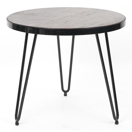 1197A - Industrial wrought iron circular side table with hardwood top and hairpin legs, 53cm high x 61cm in ... 