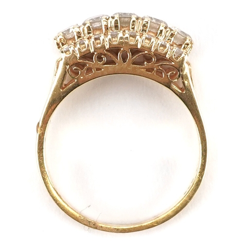 2233 - 14k gold diamond three row cluster ring, total diamond weight approximately 0.46 carat, size J, 3.4g