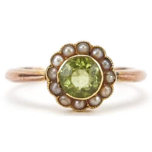 2243 - Gold peridot and seed pearl cluster ring, indistinct marks, tests as 15ct gold, the peridot approxim... 