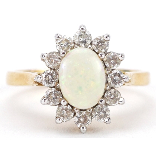 2248 - 18ct gold cabochon opal and diamond flower head ring, each diamond approximately 2.0mm in diameter, ... 