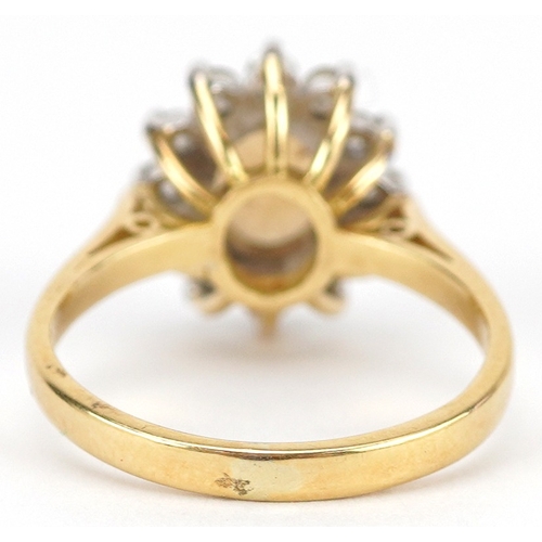 2248 - 18ct gold cabochon opal and diamond flower head ring, each diamond approximately 2.0mm in diameter, ... 