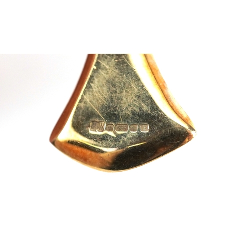 2309 - Ralph Weston, pair of Scottish 9ct gold Modernist Blue John drop earrings, Edinburgh 2005, 4.5cm hig... 