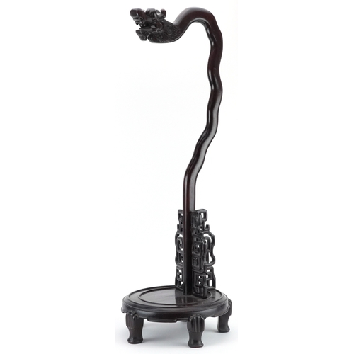 561 - Chinese hardwood monastery bell stand carved with a dragon's head, possibly Hongmu, 71cm high