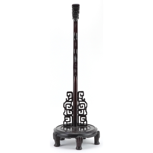 561 - Chinese hardwood monastery bell stand carved with a dragon's head, possibly Hongmu, 71cm high