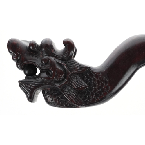 561 - Chinese hardwood monastery bell stand carved with a dragon's head, possibly Hongmu, 71cm high