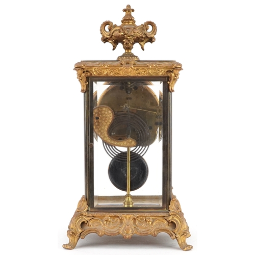 363 - 19th century ormolu four glass mantle clock striking on a gong with urn finial and circular enamelle... 