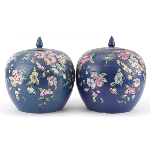 1555 - Pair of Chinese porcelain jars and covers hand painted with flowers, each 25.5cm high