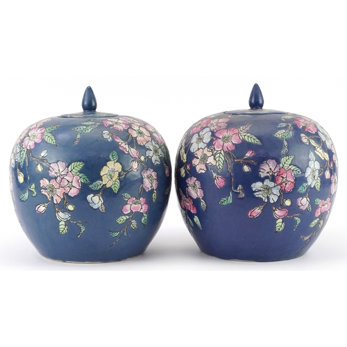 1555 - Pair of Chinese porcelain jars and covers hand painted with flowers, each 25.5cm high