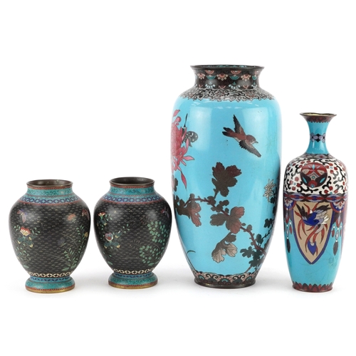 263 - Four Japanese cloisonne vases including a pair enamelled with butterflies amongst flowers and an exa... 