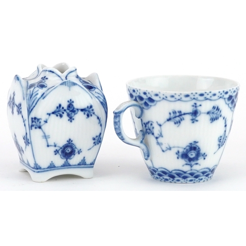 580 - Royal Copenhagen, Danish blue and white Musselmalet porcelain comprising square section vase, cup wi... 