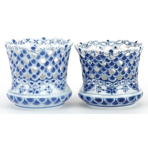 578 - Royal Copenhagen, matched pair of Danish blue and white porcelain Musselmalet pierced vases, each nu... 