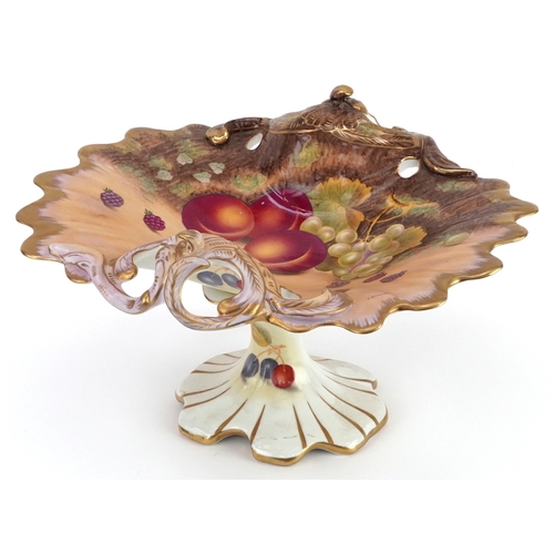 584 - Aynsley or Worcester style pedestal porcelain centrepiece hand painted and decorated with fruit, sig... 