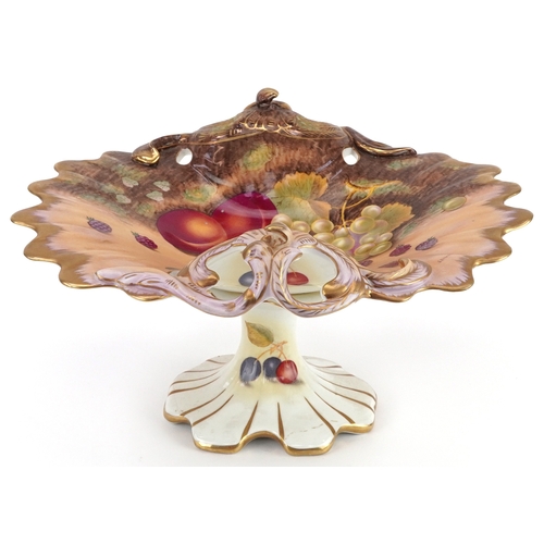 584 - Aynsley or Worcester style pedestal porcelain centrepiece hand painted and decorated with fruit, sig... 