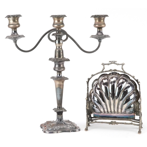 602 - Mappin & Webb Princess silverplate warmer and a three branch silver plated candelabra, the largest 4... 