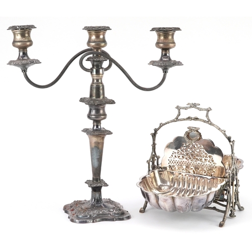 602 - Mappin & Webb Princess silverplate warmer and a three branch silver plated candelabra, the largest 4... 