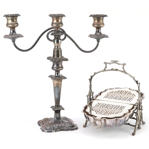 602 - Mappin & Webb Princess silverplate warmer and a three branch silver plated candelabra, the largest 4... 