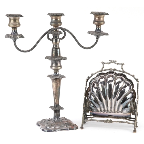 602 - Mappin & Webb Princess silverplate warmer and a three branch silver plated candelabra, the largest 4... 