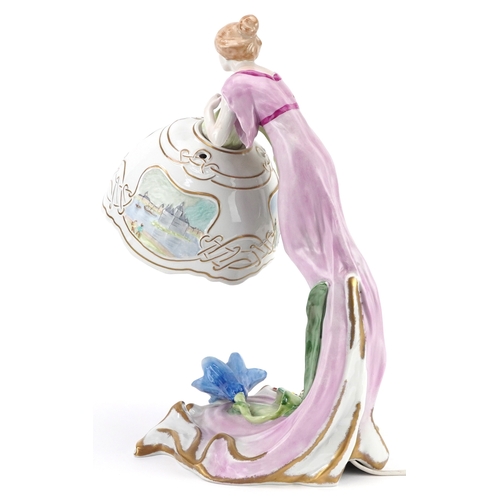 317 - Plaue, German porcelain floral encrusted figural table lamp in the form of an Art Nouveau female, 41... 