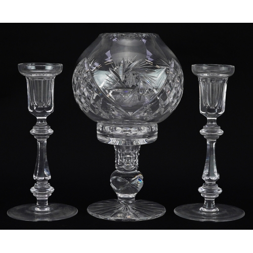 745 - Three cut glass candlesticks comprising one with globular shade and a pair of Curraghmore examples b... 